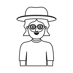 man half body with hat and glasses and t-shirt with mid length hair and beard in monochrome silhouette vector illustration