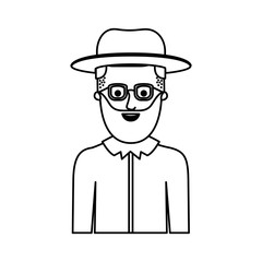 man half body with hat and glasses and shirt with short hair and beard in monochrome silhouette vector illustration