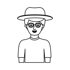 man half body with hat and glasses and t-shirt with short hair in monochrome silhouette vector illustration