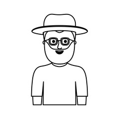 man half body with hat and glasses and t-shirt with full beard in monochrome silhouette vector illustration