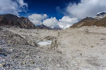 Khumbu Glacier near Everest base camp on Himalayan valley, Nepal