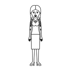 woman full body with blouse and skirt and heel shoes with braided hair in monochrome silhouette vector illustration