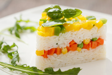 Vegetarian food, rice salad with vegetables, healthy meals