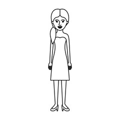 woman full body with strapless dress and heel shoes with pigtail hairstyle in monochrome silhouette vector illustration