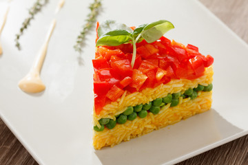 Vegetarian food, rice salad with vegetables, healthy meals
