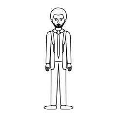 man full body with suit and tie and pants and shoes with short hair and stubble beard in monochrome silhouette vector illustration