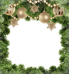 Obraz na płótnie Canvas Christmas background with branches of Christmas tree and golden balls on a white background