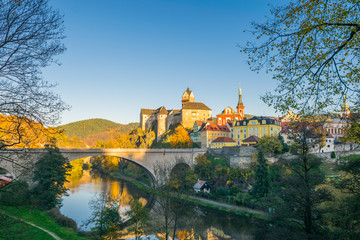 Admiring the sunset colors at  the 12th Century Gothic Castle surrounded by the Ohre River, Loket Castle, Bohemia, Sokolov, Karlovarsky Region, Czech Republic