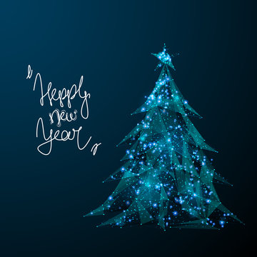 Abstract image of a Christmas tree in the form of a starry sky or space, consisting of points, lines, and shapes in the form of planets, stars and the universe. Vector happy new year nature concept.