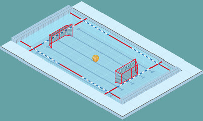 Isometric image of a pool for water polo with ball and nets - 182400443