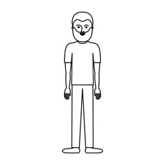 man full body with t-shirt and pants and shoes with short hair and beard in monochrome silhouette vector illustration
