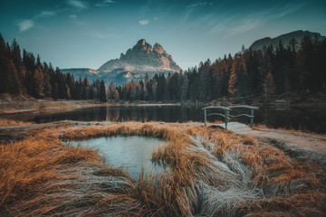Morning view of Lago Antorno, Dolomites, Lake mountain landscape with Alps peak , Misurina, Cortina d'Ampezzo, Italy