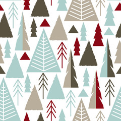 Merry Christmas. A seamless pattern with Christmas trees in the style of flat, naive. Vector illustration.