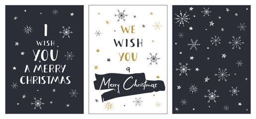 Set of creative Christmas cards with hand drawn lettering. We wish you a Merry Christmas. Vector template for invitations, greeting scrapbooking and congratulations. Winter posters set.