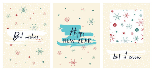 Set of creative holiday cards with hand drawn lettering. Happy new year. Best wishes. Let it snow. Vector template for invitations, greeting scrapbooking and congratulations.