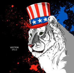 Portrait of a tiger in old American hat with a flag. National Symbols of the USA. Vector illustration 