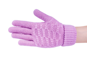 Light pink knitted hand glove wore by left lady dark yellow hand, tilted bend fist gesture, with white background isolated