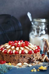 Dundee cake. Traditional Scottish Christmas cake. Festive Christmas dessert.