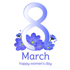 March 8. Blue flowers. Women's Day. Hepatic. Floral background. Vector illustration. Card. Holidays. Spring plants.