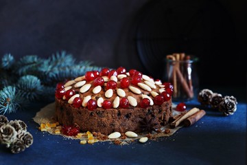 Dundee cake. Traditional Scottish Christmas cake. Festive Christmas dessert.