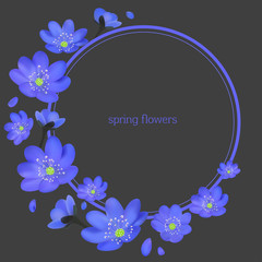 Flowers. Blue. Frame. Hepatic. Floral background. Border. Vector illustration. Card. Spring plants.