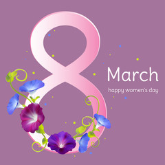March 8. Flowers. Women's Day. Convolvulus. Floral background. Vector illustration. Card. Holidays. Plants. Buds. Leaves.