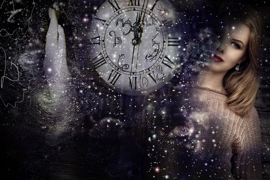 Woman ,Universe and old clock