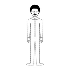 man full body with shirt and pants and shoes with short hair and moustache in black dotted silhouette vector illustration