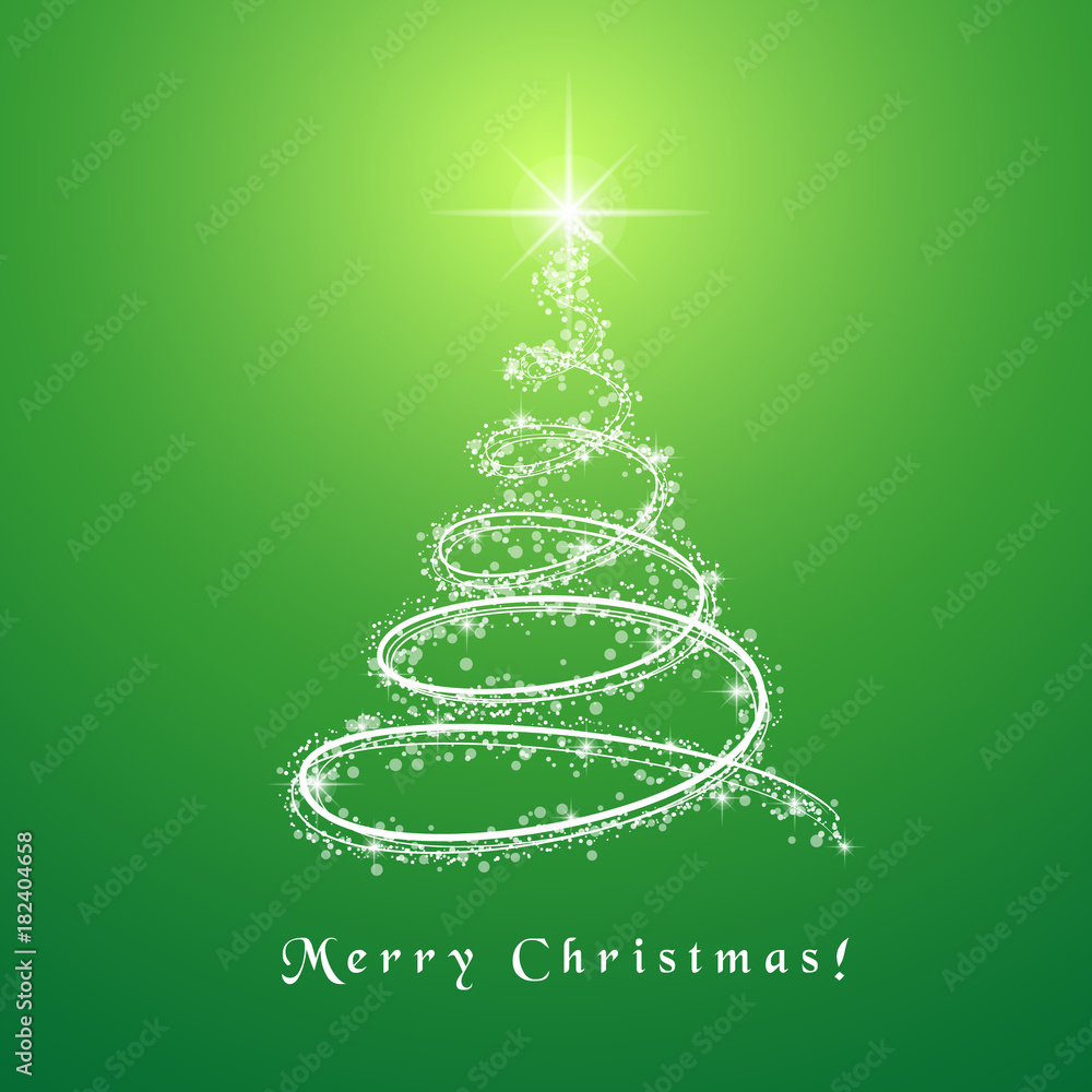 Poster merry christmas with shining tree as greeting card design. modern style tree rotating around on gree