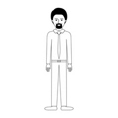 man full body with shirt and tie and pants and shoes with short hair and goatee beard in black dotted silhouette vector illustration