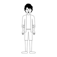 man full body with shirt and jacket and short pants and shoes with short wavy hair in black dotted silhouette vector illustration
