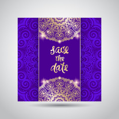 Modern template for design greeting cards, invitations, posters with beautiful gold Indian ornament mandala.