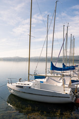 Fototapeta na wymiar White sail boat dock at wooden floating tourist pier in sunny summer morning.