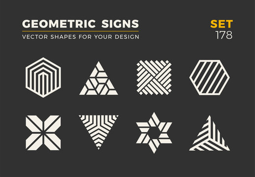 Set of eight minimalistic trendy shapes. Stylish vector logo emblems for Your design. Simple universal geometric signs collection.