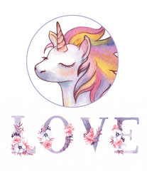Watercolor hand drawn unicorn logo in the circle and text "love" with floral decoration. Head of magical horse. Romantic illustration