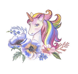 Obraz na płótnie Canvas Watercolor hand drawn vibrant unicorn illustration with floral bouquet, logo. Isolated drawing of fairy tale horse, for magical poster, banner, card