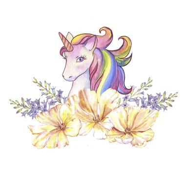 Watercolor hand drawn vibrant unicorn illustration with floral bouquet, logo. Isolated drawing of fairy tale horse, for magical poster, banner, card