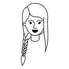 female face with braid and fringe hairstyle in black dotted silhouette vector illustration