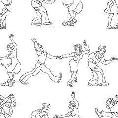 Pattern retro dance.Dance couple silhouette. Seamless retro silhouette dancer.Charleston  party dance vintage people isolated on white background. Outline hand drawn vector