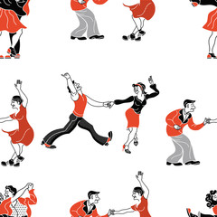 Pattern retro dance.Dance couple silhouette. Seamless retro silhouette dancer.Charleston  party dance vintage people isolated on white background