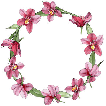Wildflower orchid flower wreath in a watercolor style. Full name of the plant: orchid. Aquarelle wild flower for background, texture, wrapper pattern, frame or border.