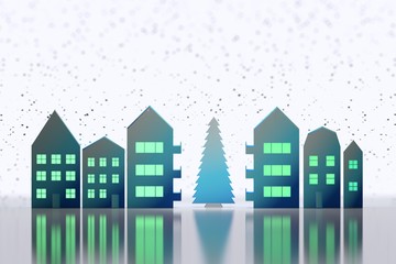 Illustration with christmas tree, houses with illuminated windows and falling snow. Christmas or Happy new year mock up. 3d illustration.  