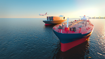 Tanker Cargo and aircraft at sea. 3d rendering and illustration.