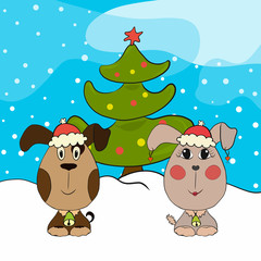 Two cute puppies, a girl and a boy, in Christmas caps, next to a Christmas tree
