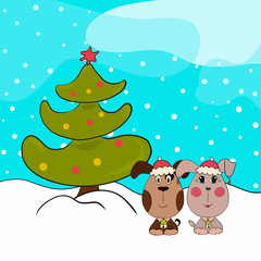 Two Christmas puppies, a snow and a Christmas tree