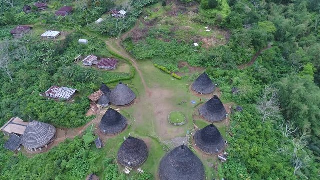 Traditional village Wae Rebo on Flores island in Indonesia. aerial view drone 4k.