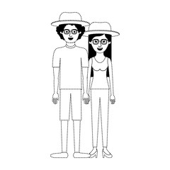 couple in black dotted silhouette and both with hat and glasses and him with shirt and short pants and shoes and curly hair and her with blouse and pants and heel shoes with long straight hair vector