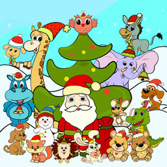 Obraz na płótnie Canvas Santa Claus, Christmas tree and merry animals