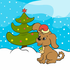 Cute Christmas puppy, snow and tree