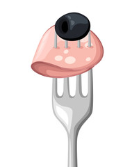 Olive and salami slice on a steel fork. Vector illustration isolated on white.